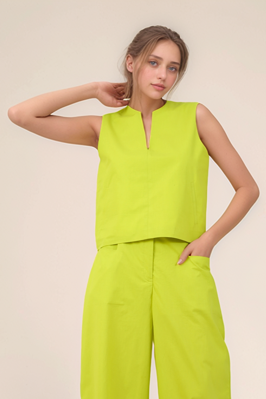 Lime Green Notch Neckline Cotton Jacket Co-ord Suit