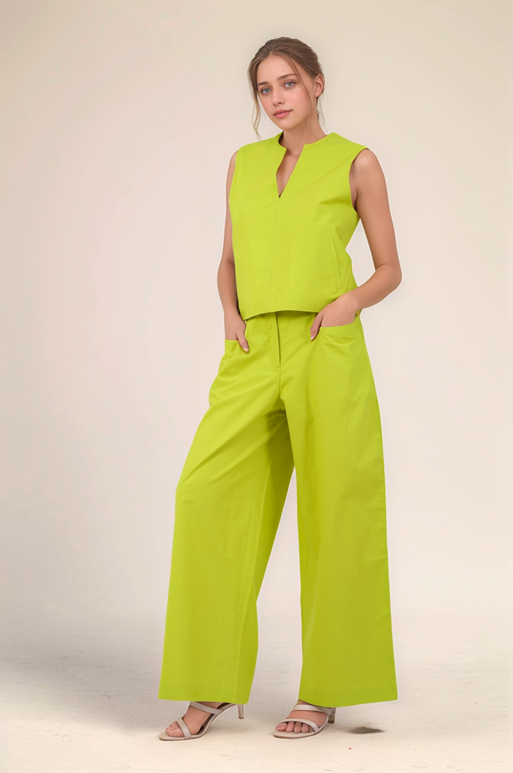 Lime Green Notch Neckline Cotton Jacket Co-ord Suit