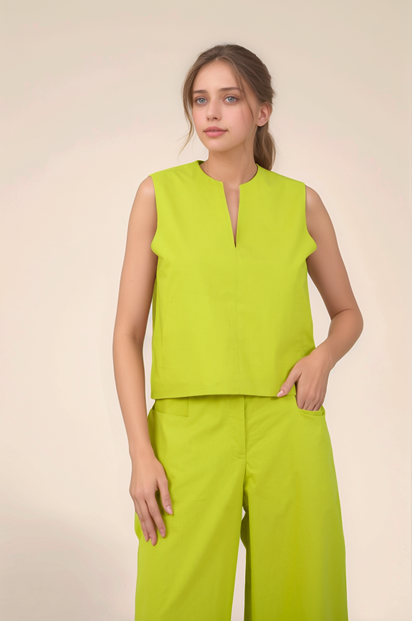 Lime Green Notch Neckline Cotton Jacket