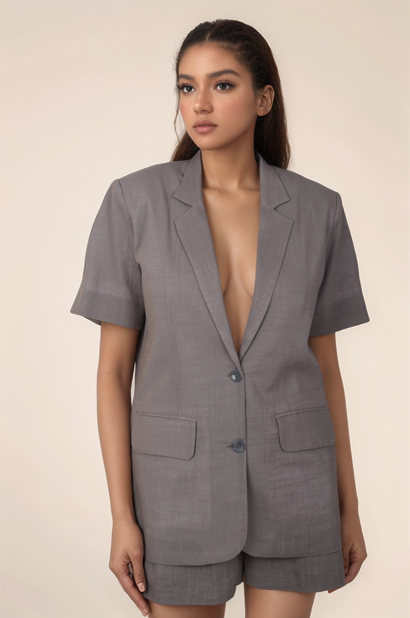 Grey Short Sleeve Cotton Co-ord Suit
