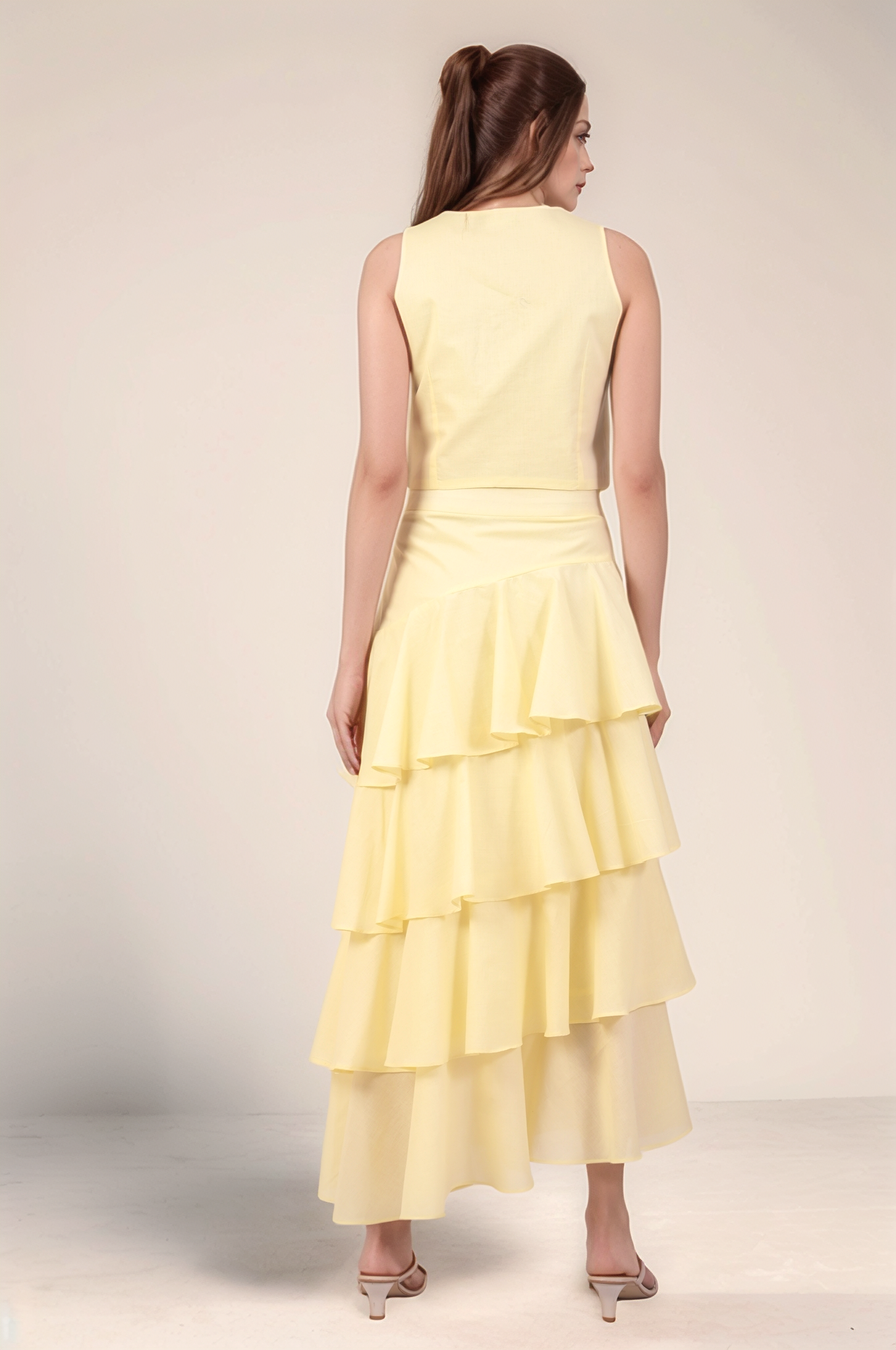 Pale Yellow V-Neck Cotton Crop Co-ord suit